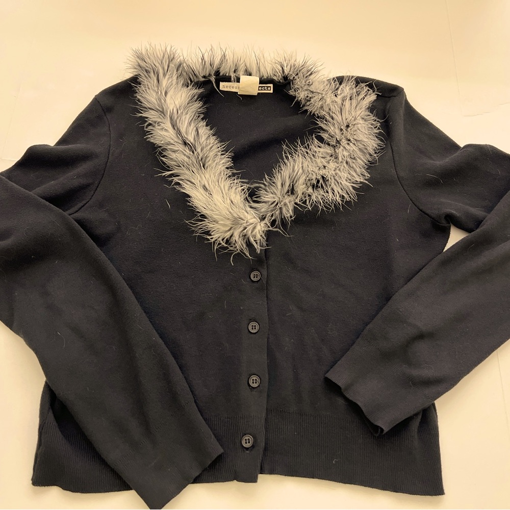 Necessary Objects Women's Sweater Size L Black Fur Collar Cardigan